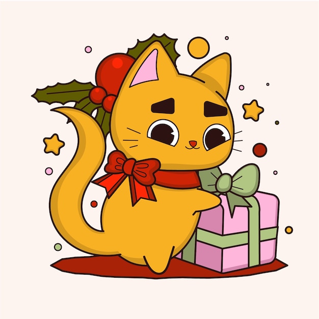 Bezpłatny wektor ręcznie rysowana ilustracja sezonu świątecznego z kotem kreskówkowym