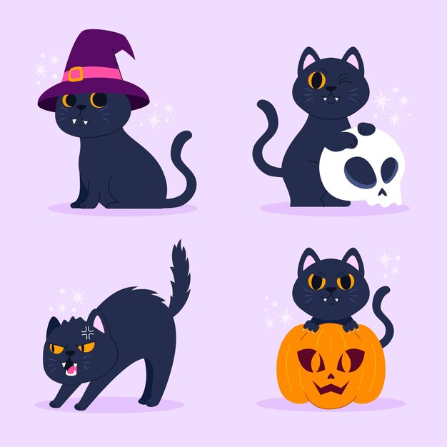 Ręcznie rysowana kolekcja czarnych kotów halloween