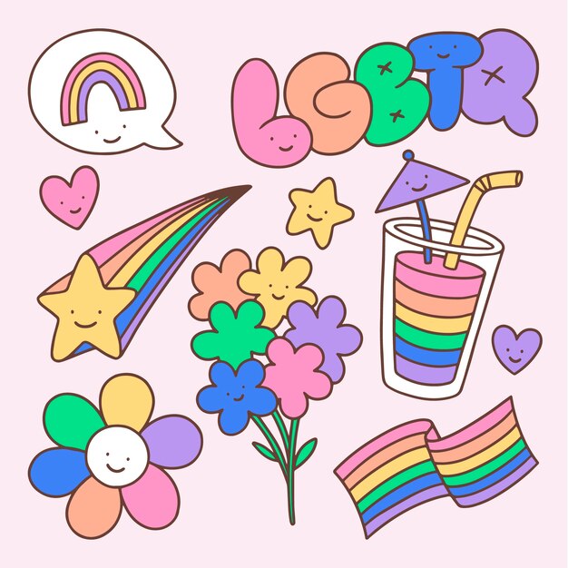 Ręcznie rysowana kolekcja elementów lgbt w miesiącu dumy