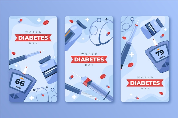 Bezpłatny wektor ręcznie rysowana kolekcja historii na instagramie na temat światowego dnia cukrzycy