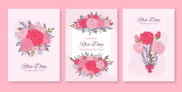 Ręcznie Rysowana Kolekcja Kart Z życzeniami Na Dzień Róży