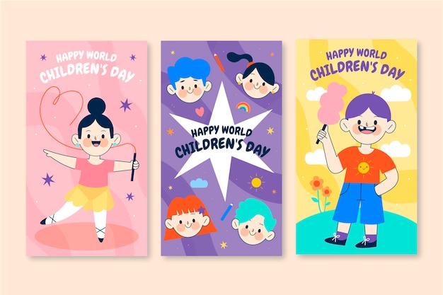 Bezpłatny wektor ręcznie rysowana kolekcja opowiadań na instagram dzień dziecka z płaskim światem