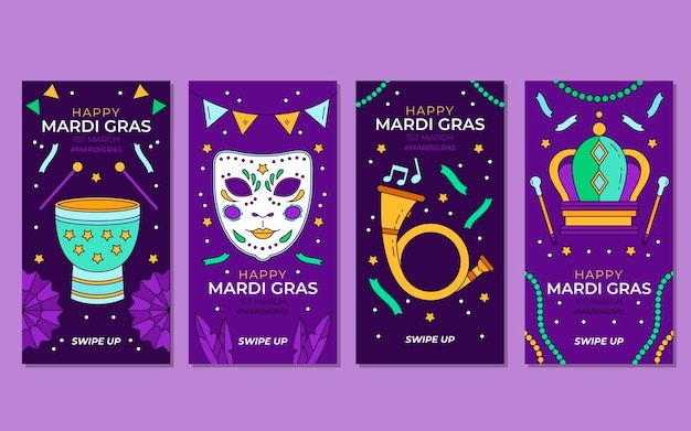 Ręcznie rysowana kolekcja opowiadań o mardi gras na Instagramie