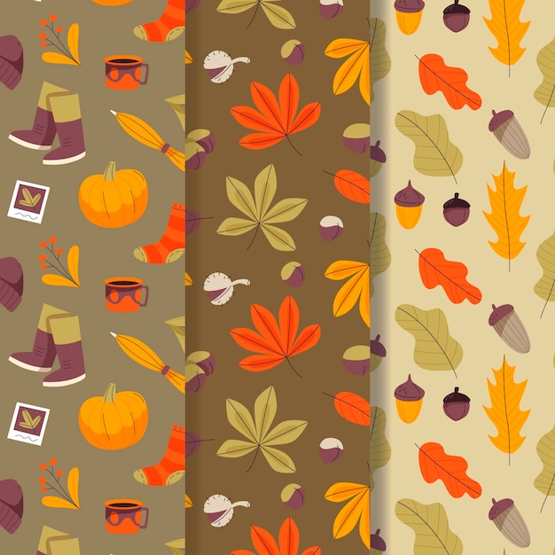 Ręcznie rysowana kolekcja płaskich jesiennych wzorów
