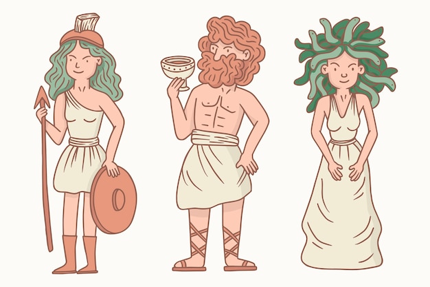 Bezpłatny wektor ręcznie rysowana kolekcja postaci z mitologii greckiej
