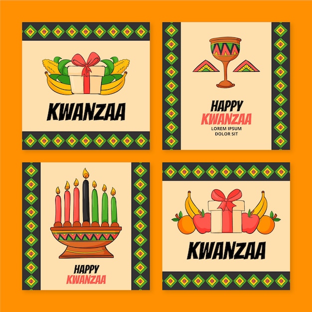 Bezpłatny wektor ręcznie rysowana kolekcja postów na instagramie kwanzaa