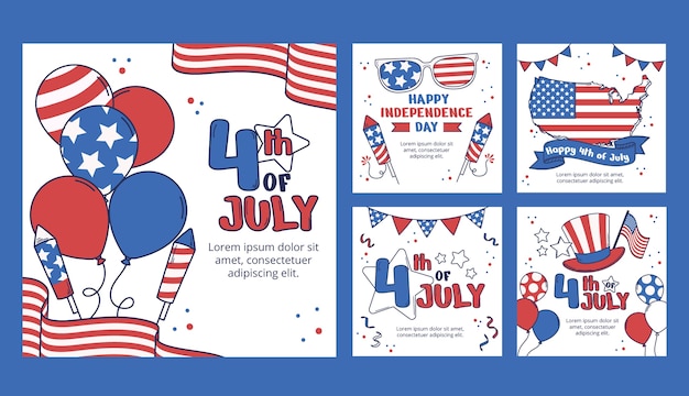 Bezpłatny wektor ręcznie rysowana kolekcja postów na instagramie na amerykańskie obchody 4 lipca