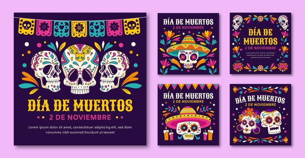 Ręcznie rysowana kolekcja postów na instagramie na obchody dia de muertos