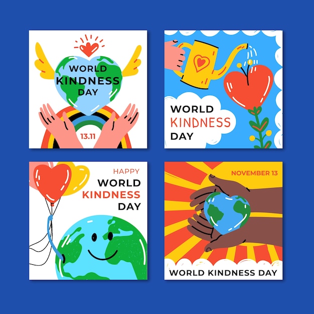 Bezpłatny wektor ręcznie rysowana kolekcja postów na instagramie na światowy dzień dobroci