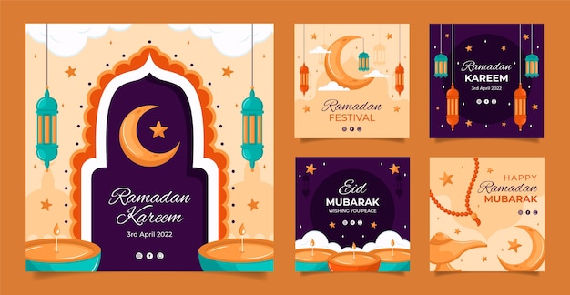 Bezpłatny wektor ręcznie rysowana kolekcja postów na instagramie ramadan