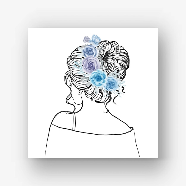 Bezpłatny wektor ręcznie rysowana panna młoda z piękną fryzurą kwiatową akwarelową ilustracjąręcznie rysowana panna młoda z piękną fryzurą kwiatową niebieską akwarelową ilustracją