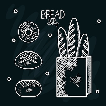 Ręcznie rysowana papierowa torebka z bagietkami z chlebem i pączkiem
