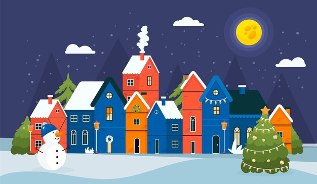 Ręcznie rysowana płaska bożonarodzeniowa wioska ilustracja