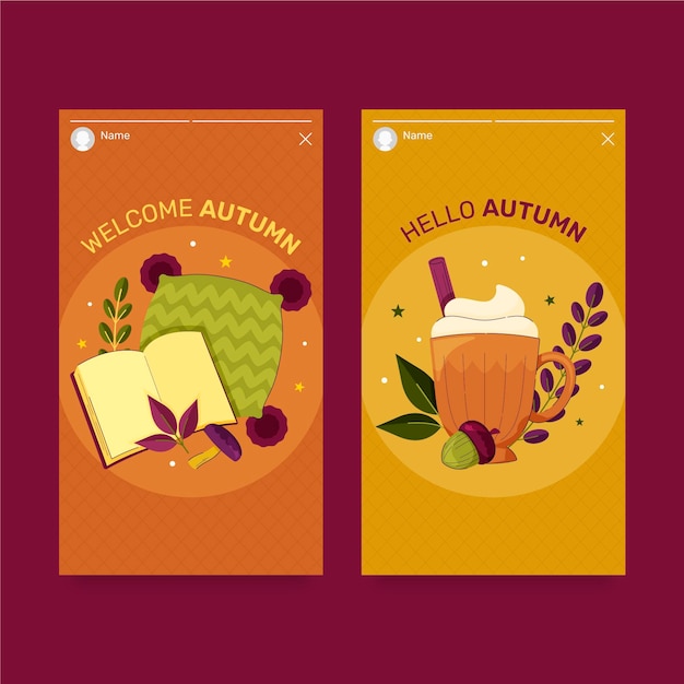 Ręcznie rysowana płaska jesienna kolekcja opowiadań na instagramie