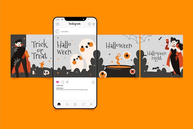 Ręcznie Rysowana Płaska Kolekcja Postów Na Instagramie Halloween