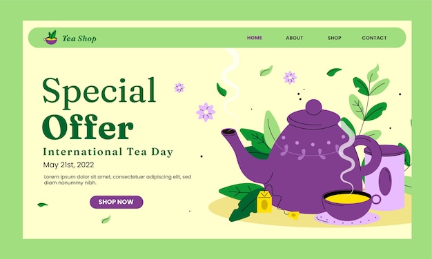 Ręcznie rysowana płaska strona docelowa międzynarodowego dnia herbaty