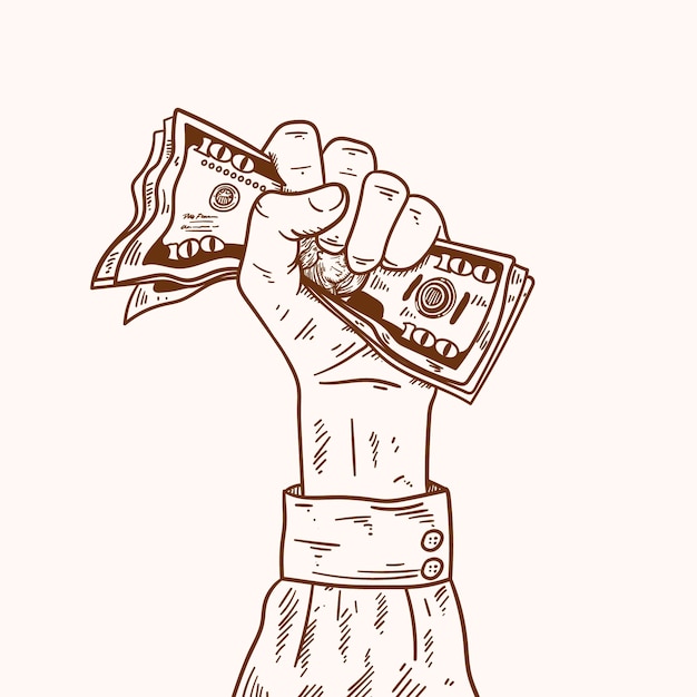 Bezpłatny wektor ręcznie rysowana ręka trzymająca pieniądze, rysunek ilustracji