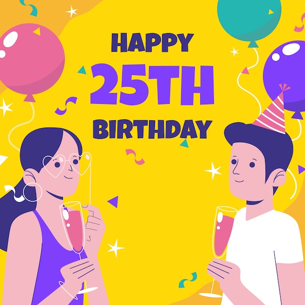 Bezpłatny wektor ręcznie rysowane 25. rocznica lub kartka urodzinowa