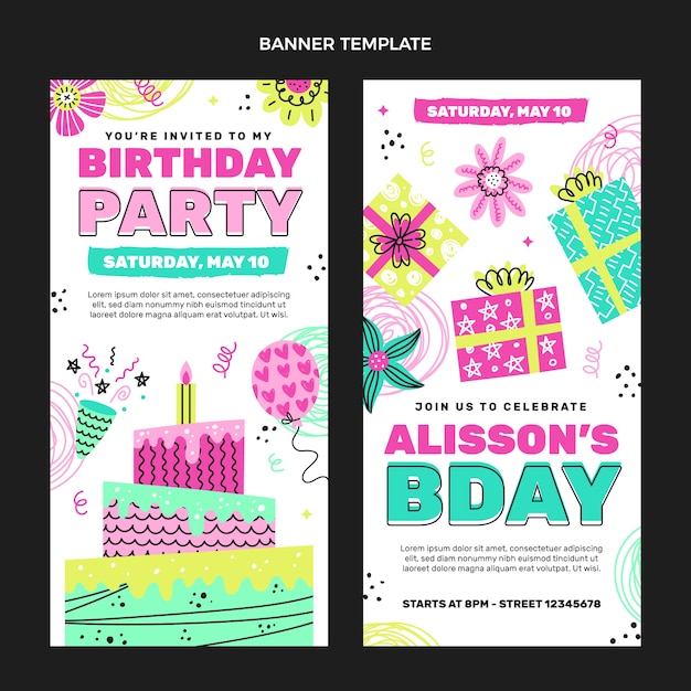 Bezpłatny wektor ręcznie rysowane dziecinne banery urodzinowe w pionie