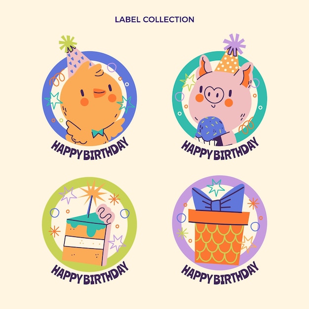Bezpłatny wektor ręcznie rysowane dziecinne etykiety urodzinowe