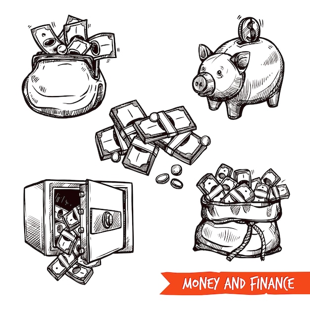 Bezpłatny wektor ręcznie rysowane finanse symbole zestaw doodle