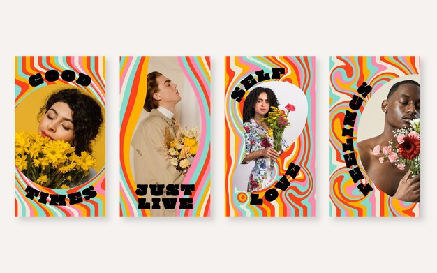 Ręcznie rysowane groovy psychodeliczna kolekcja opowiadań na instagramie