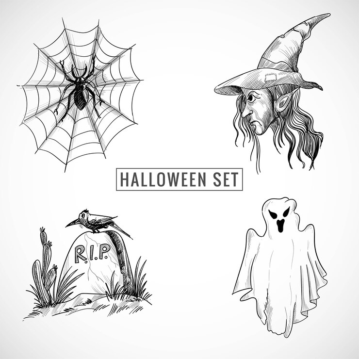 Bezpłatny plik Wektor ręcznie rysowane halloween zestaw szkic projektu