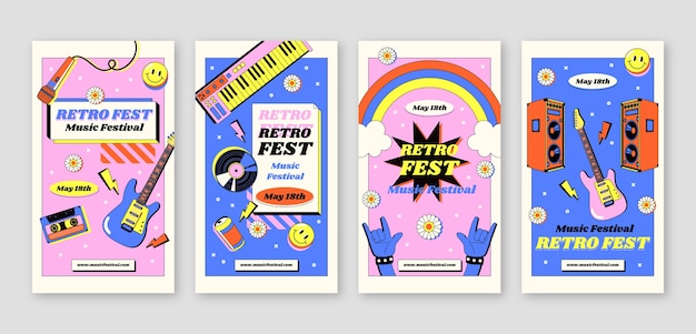 Ręcznie rysowane historie festiwalu muzyki na instagramie