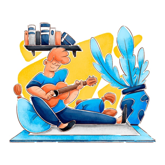 Ręcznie rysowane hygge ilustracja z mężczyzną grającym na gitarze