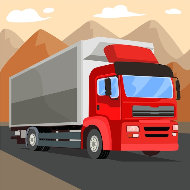 Ręcznie rysowane ilustracja czerwona ciężarówka transportowa