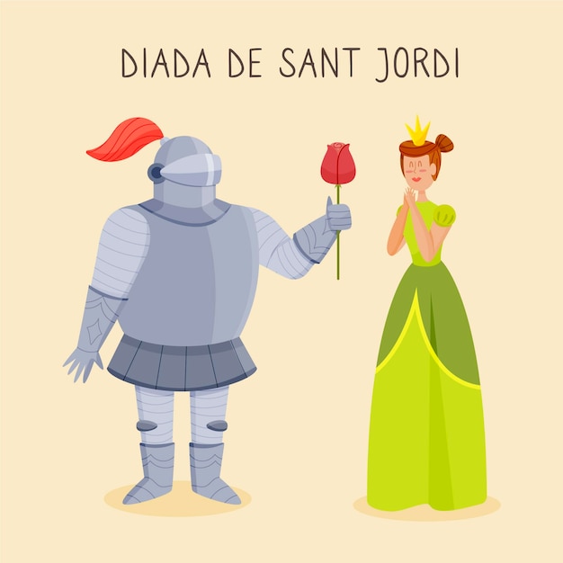 Bezpłatny wektor ręcznie rysowane ilustracja diada de sant jordi z rycerzem, księżniczką i różą