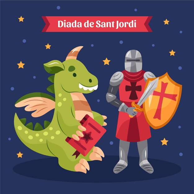 Ręcznie rysowane ilustracja diada de sant jordi ze smokiem i rycerzem