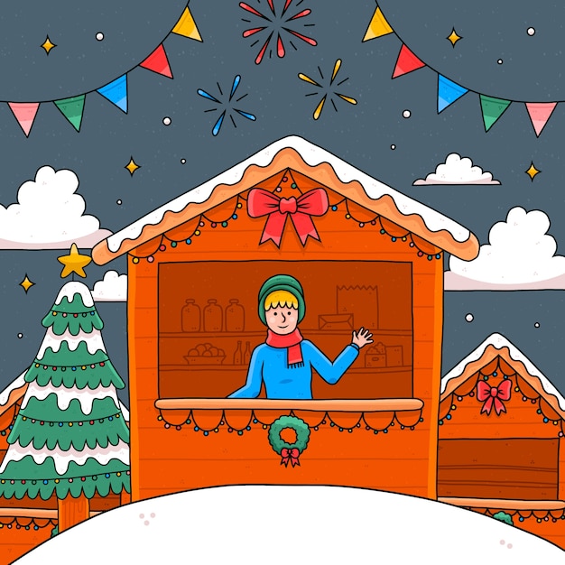 Bezpłatny wektor ręcznie rysowane ilustracja jarmark bożonarodzeniowy