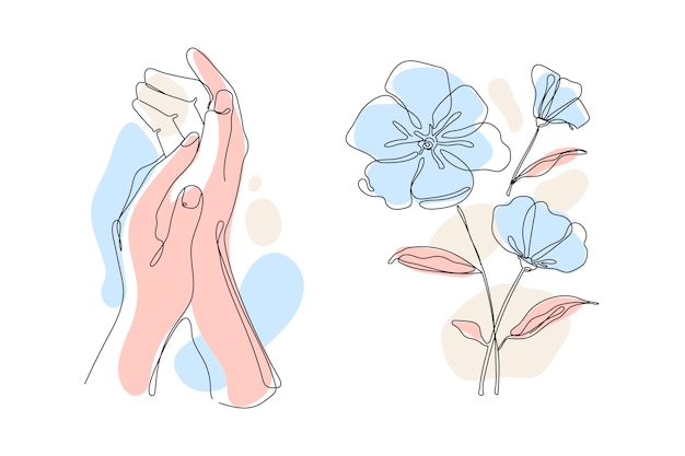 Bezpłatny wektor ręcznie rysowane ilustracja jednej linii rąk i kwiatów