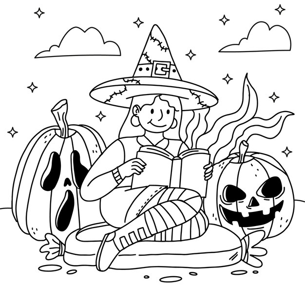Ręcznie rysowane ilustracja kolorowania strony na obchody halloween