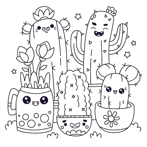 Ręcznie rysowane ilustracja kolorowanka kawaii