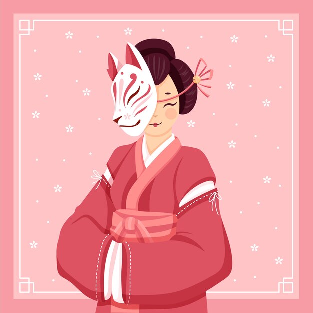 Ręcznie rysowane ilustracja maski kitsune o płaskiej konstrukcji
