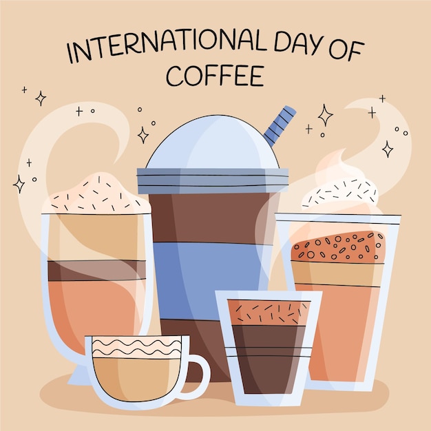 Bezpłatny wektor ręcznie rysowane ilustracja międzynarodowego dnia imprezy kawowej