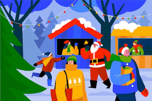 Ręcznie rysowane ilustracja płaski jarmark bożonarodzeniowy