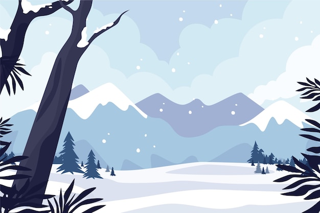 Ręcznie rysowane ilustracja płaski zimowy krajobraz