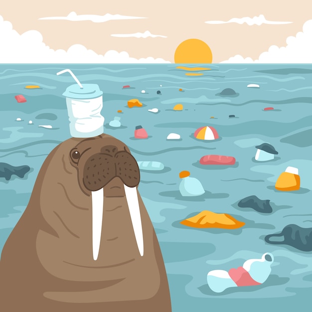 Ręcznie Rysowane Ilustracja Zanieczyszczenia Plastikiem Oceanu