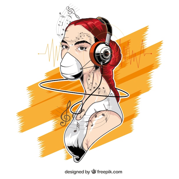 Ręcznie rysowane ilustracji dziewczyna ze słuchawkami