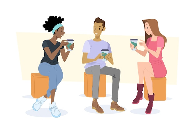 Ręcznie rysowane ilustracyjni przyjaciele z gorącymi napojami