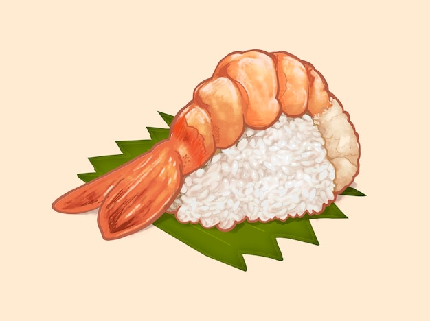 Ręcznie rysowane japońskie sushi krewetki lub ebi nigiri