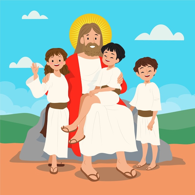 Bezpłatny wektor ręcznie rysowane jezus z ilustracją dzieci