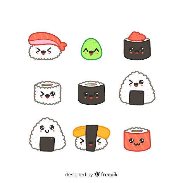 Bezpłatny wektor ręcznie rysowane kawaii sushi pack