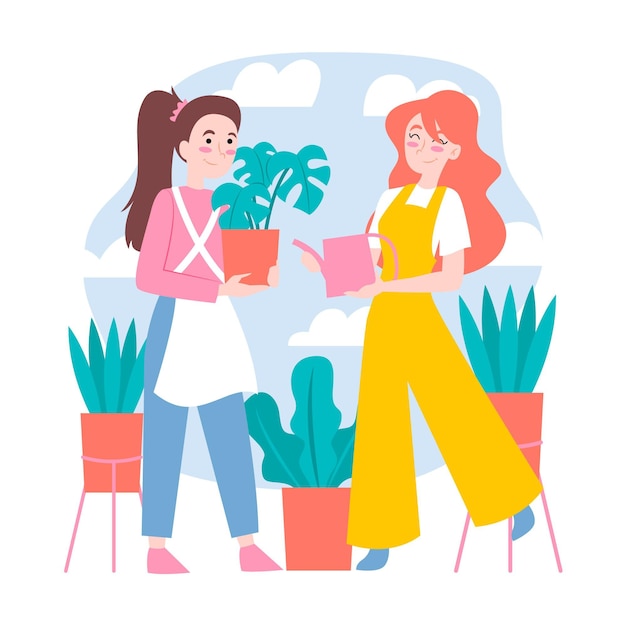 Bezpłatny wektor ręcznie rysowane kobiety dbające o rośliny