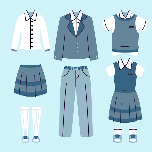 Ręcznie rysowane kolekcja elementów mundurków szkolnych