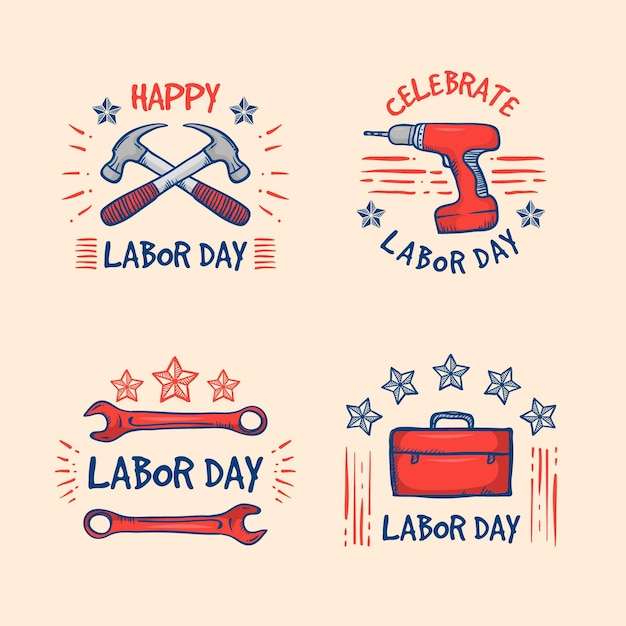 Ręcznie Rysowane Kolekcja Etykiet Usa Z Okazji Dnia Pracy