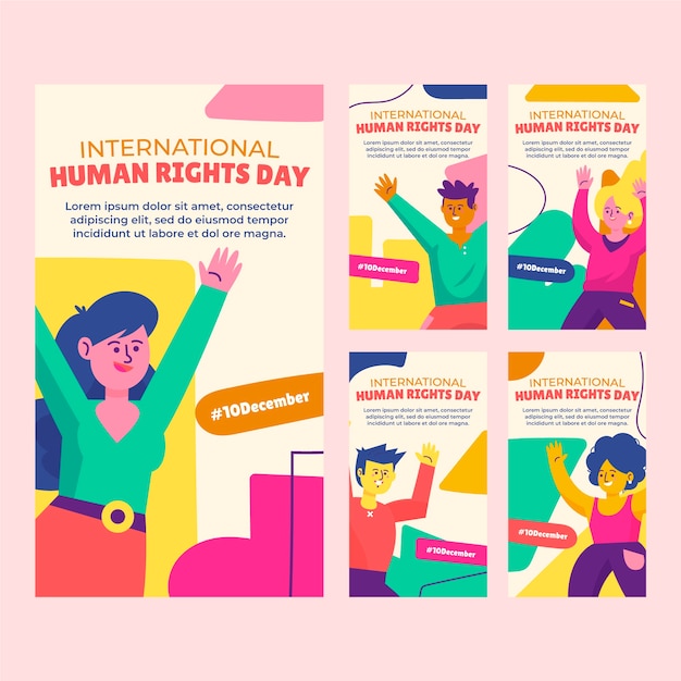 Bezpłatny wektor ręcznie rysowane kolekcja historii na instagramie z płaskim międzynarodowym dniem praw człowieka